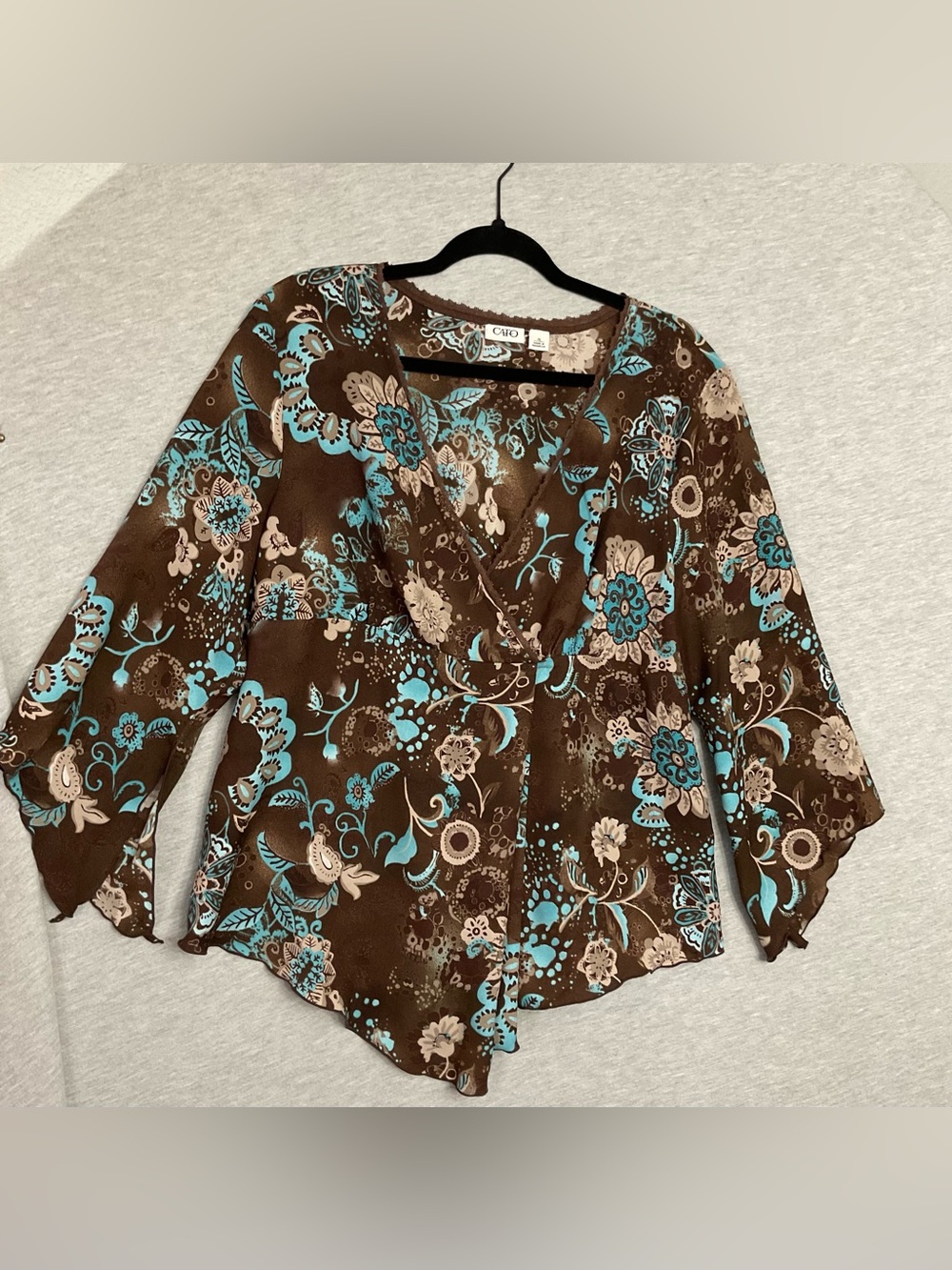 Vintage Cato Y2K Brown Turquoise Floral Chiffon Bell Sleeve Blouse